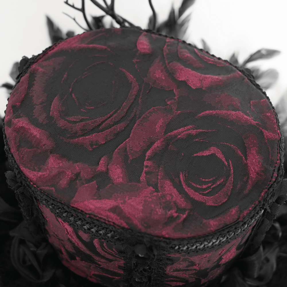 Gothic Mini Top Hat with Black Feathers and Rose Brocade