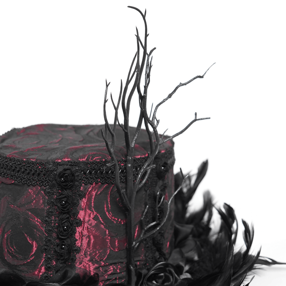 Gothic Mini Top Hat with Black Feathers and Rose Brocade