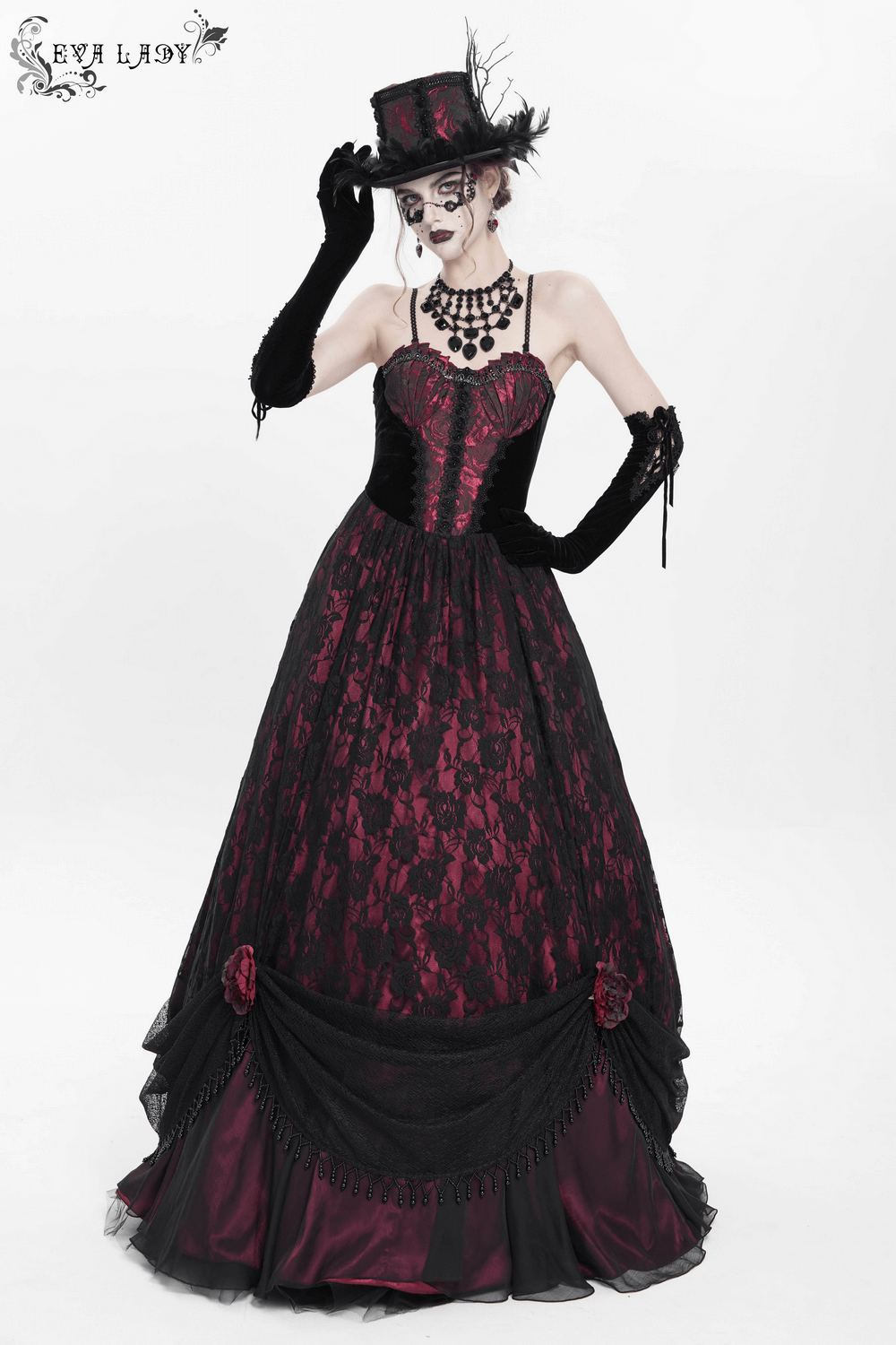Gothic Mini Top Hat with Black Feathers and Rose Brocade