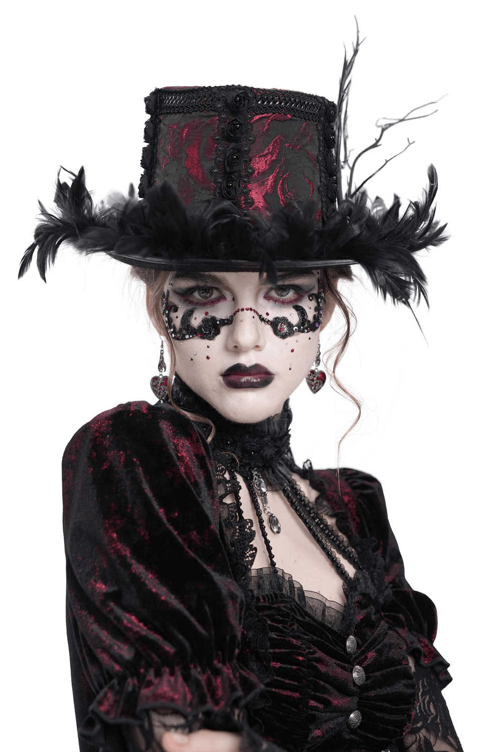 Gothic Mini Top Hat with Black Feathers and Rose Brocade