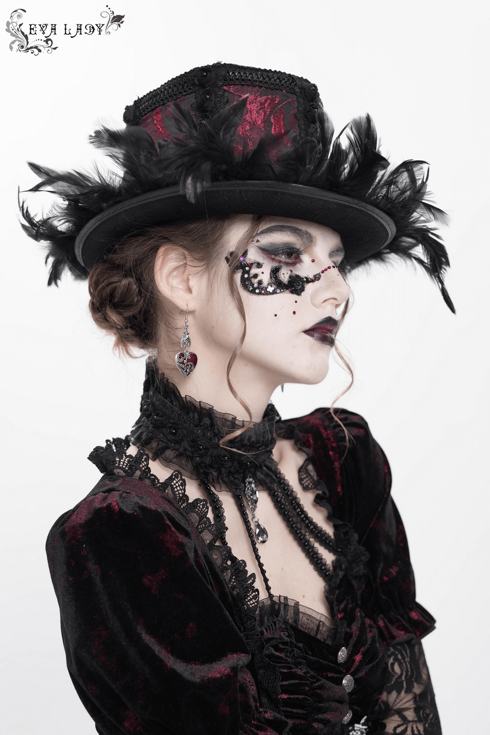 Gothic Mini Top Hat with Black Feathers and Rose Brocade