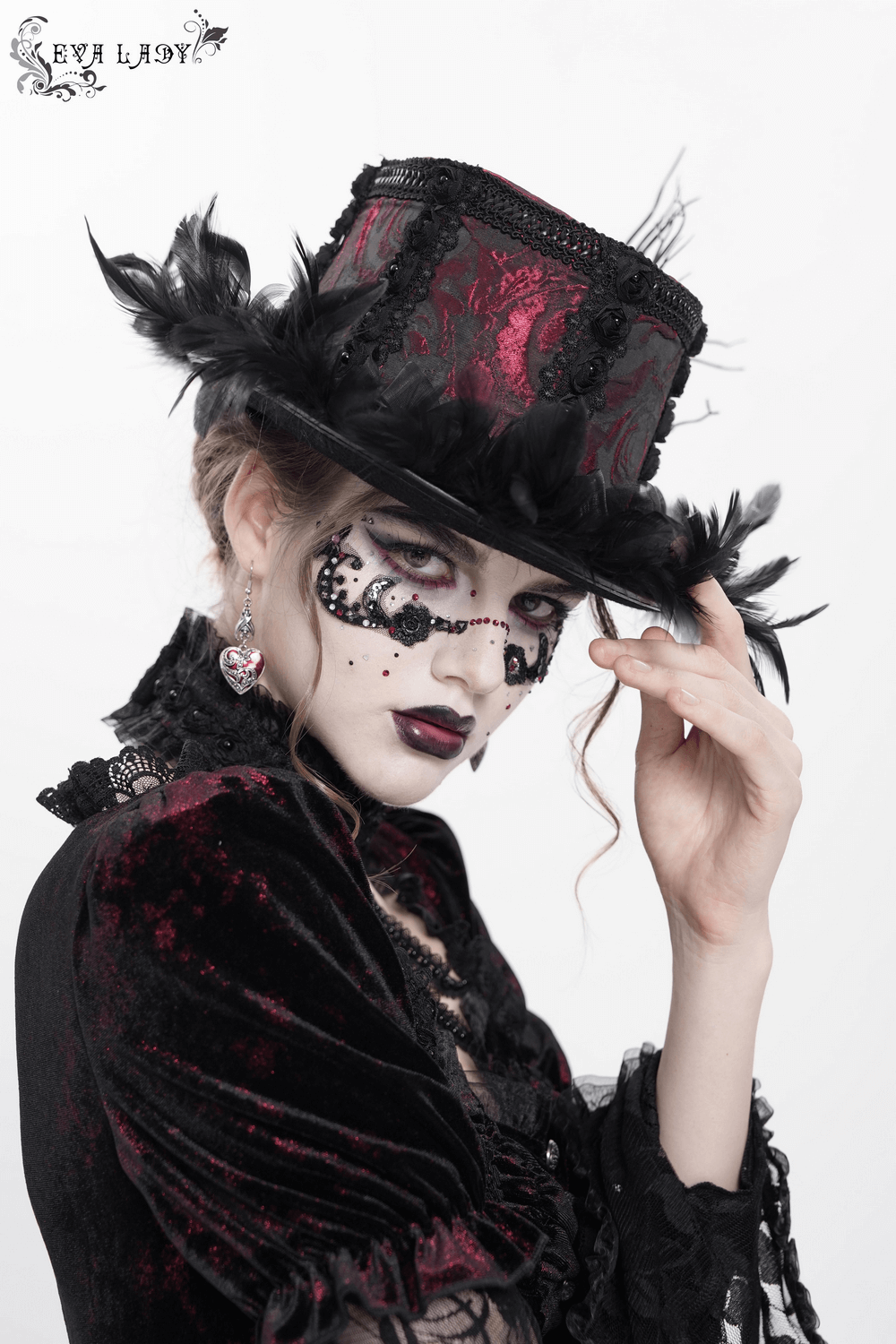 Gothic Mini Top Hat with Black Feathers and Rose Brocade
