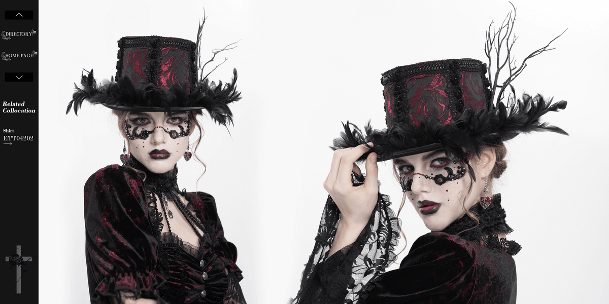 Gothic Mini Top Hat with Black Feathers and Rose Brocade