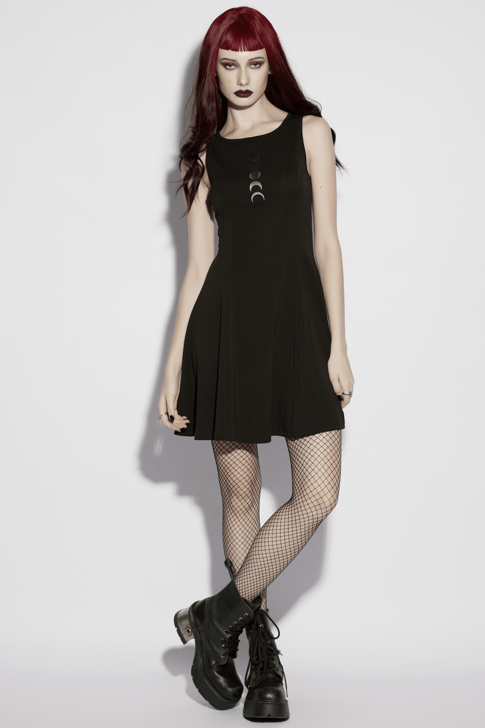 Gothic Moon Phase Skater Black Dress for Women