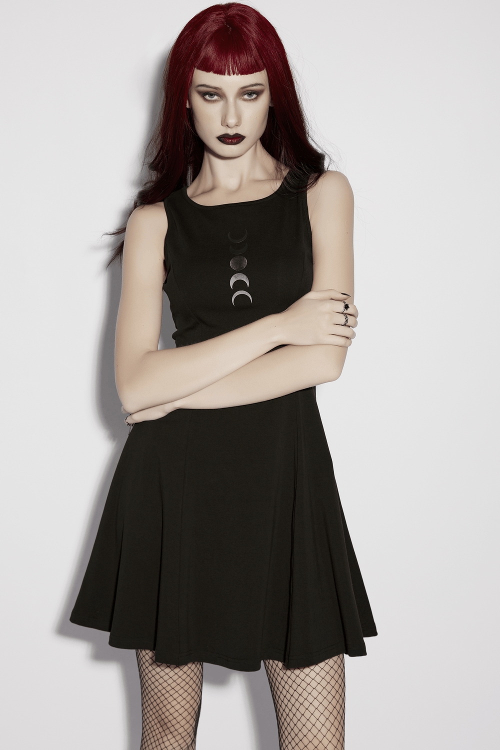 Gothic Moon Phase Skater Black Dress for Women