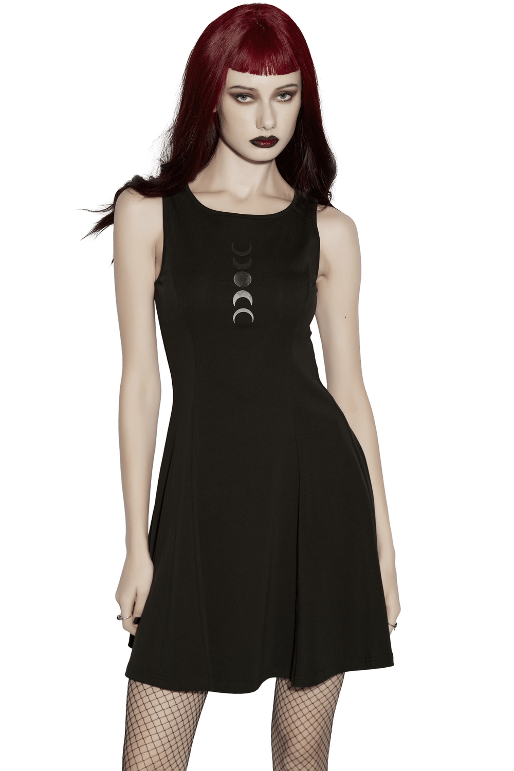 Gothic Moon Phase Skater Black Dress for Women