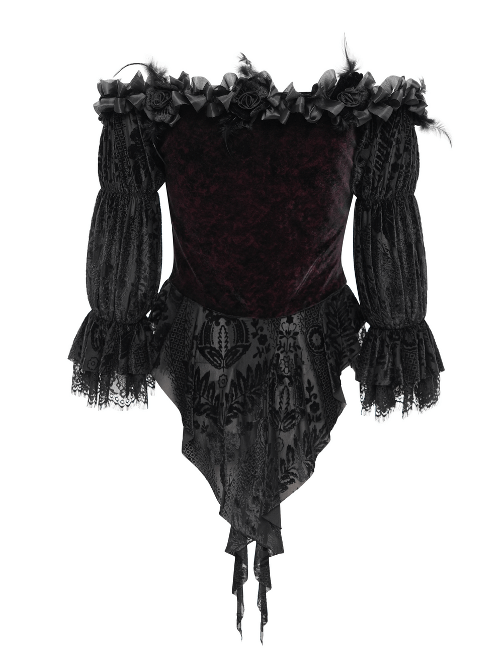 Gothic Off-Shoulder Lace-Up Velvet Blouse with Floral Detail