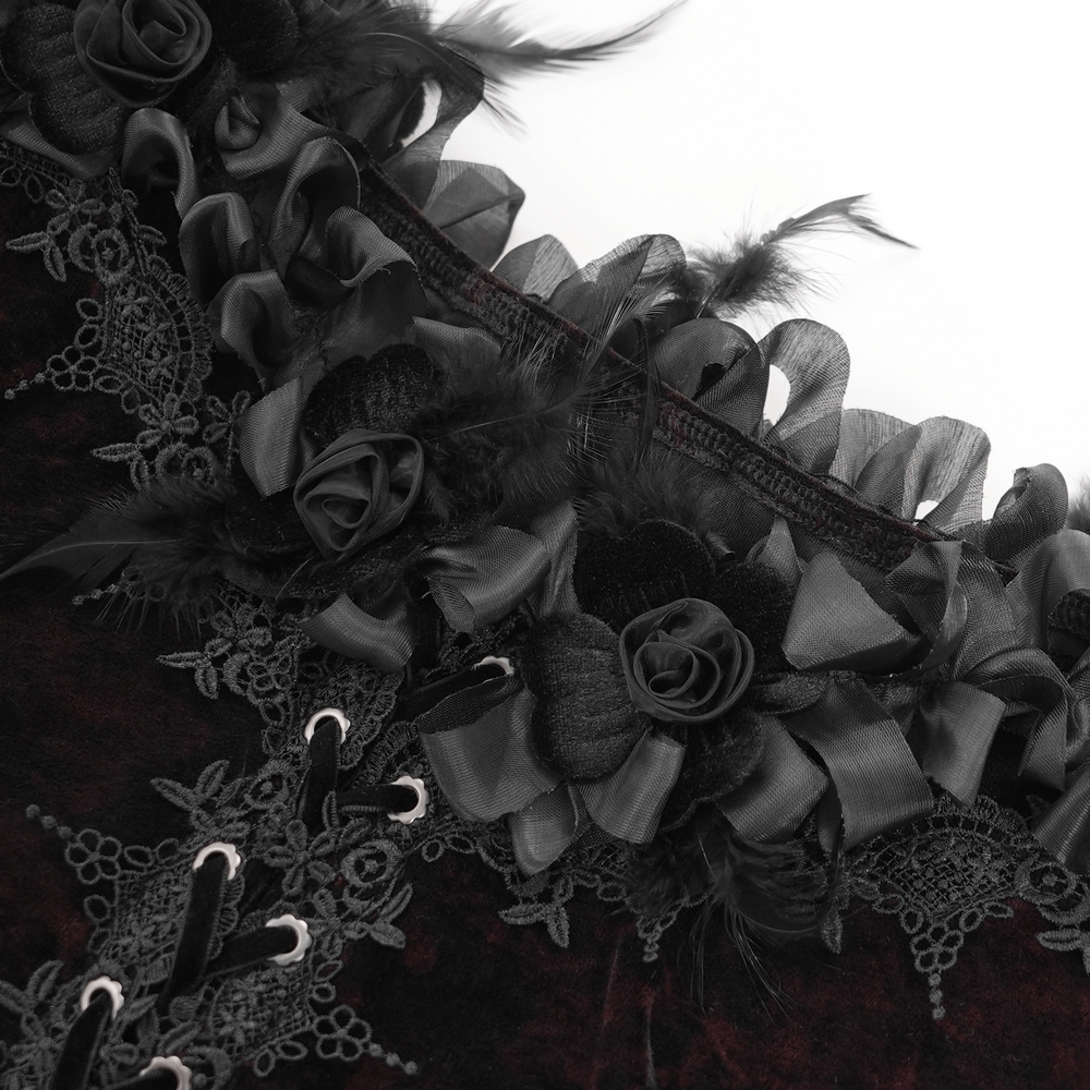 Gothic Off-Shoulder Lace-Up Velvet Blouse with Floral Detail