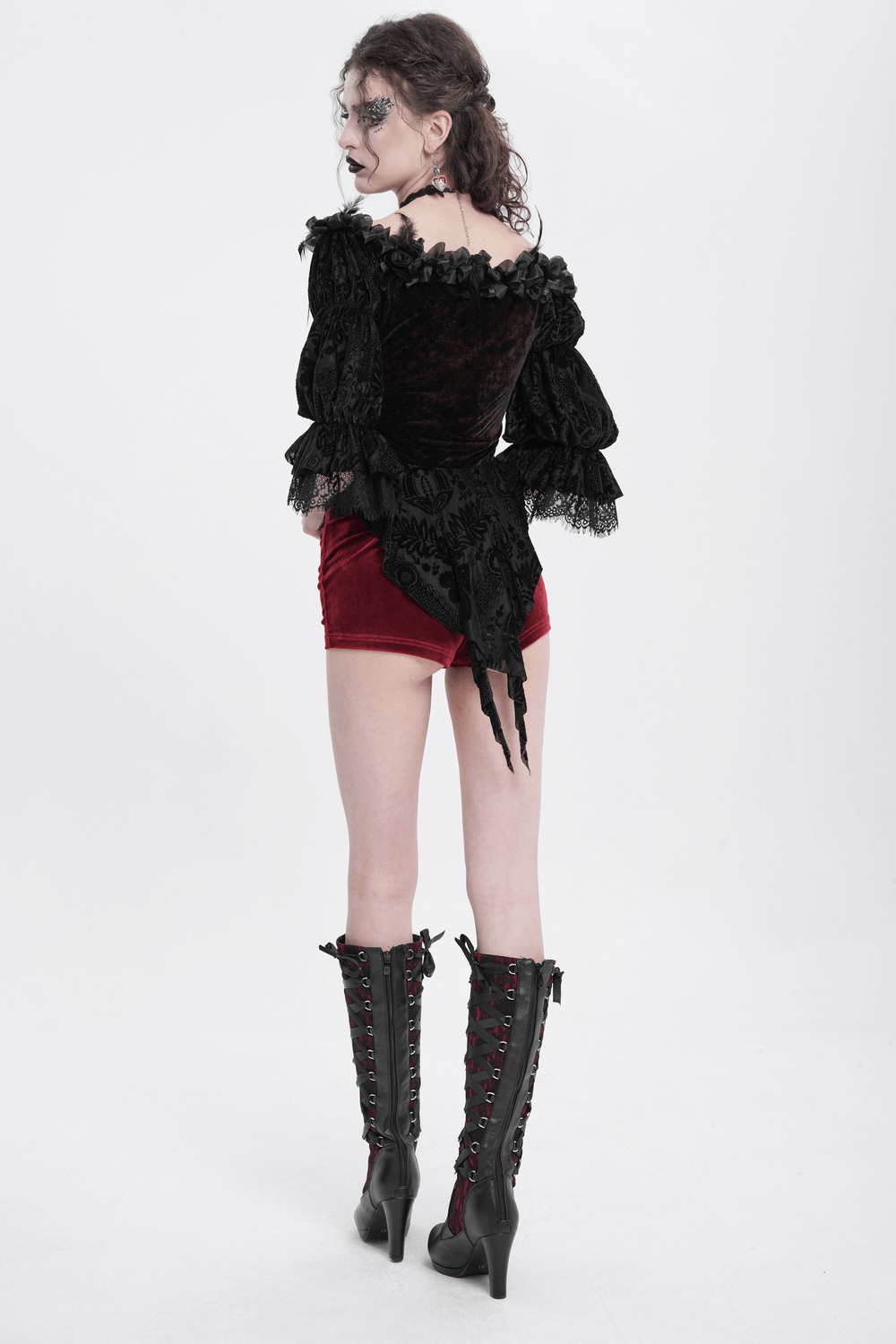 Gothic Off-Shoulder Lace-Up Velvet Blouse with Floral Detail