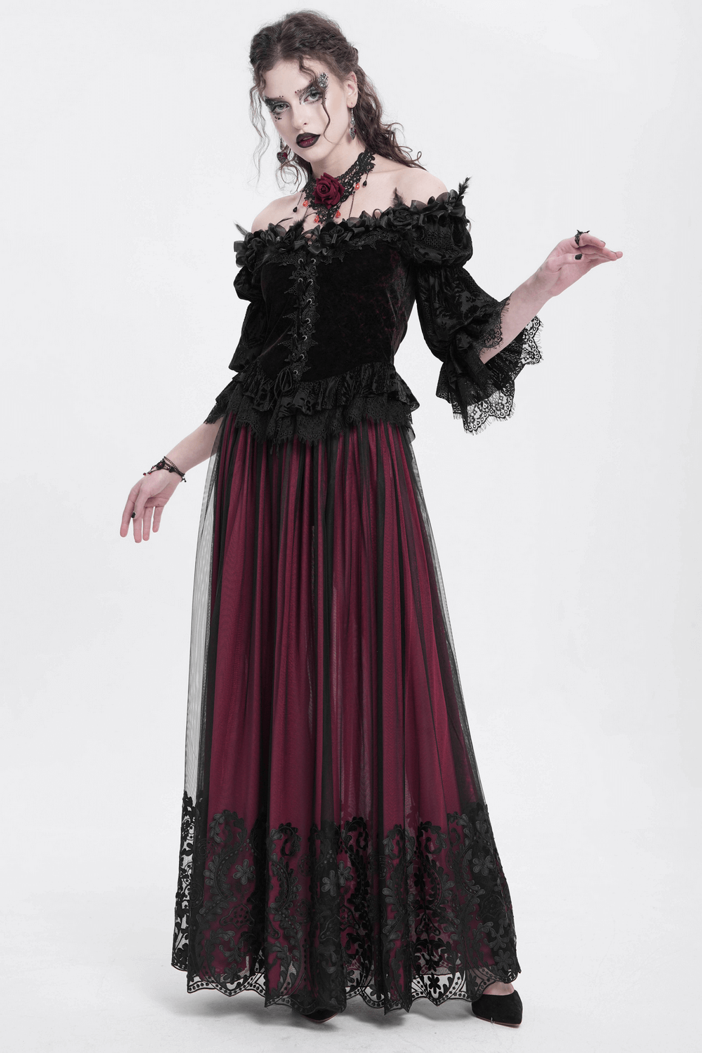 Gothic Off-Shoulder Lace-Up Velvet Blouse with Floral Detail