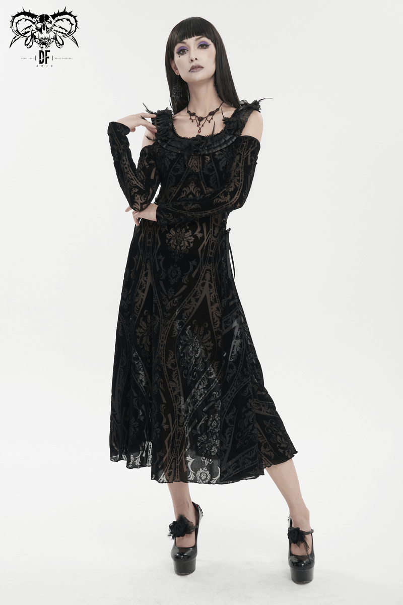 Gothic Off Shoulder Semi Transperent Dress / Women's Pattern Ruffled Dress