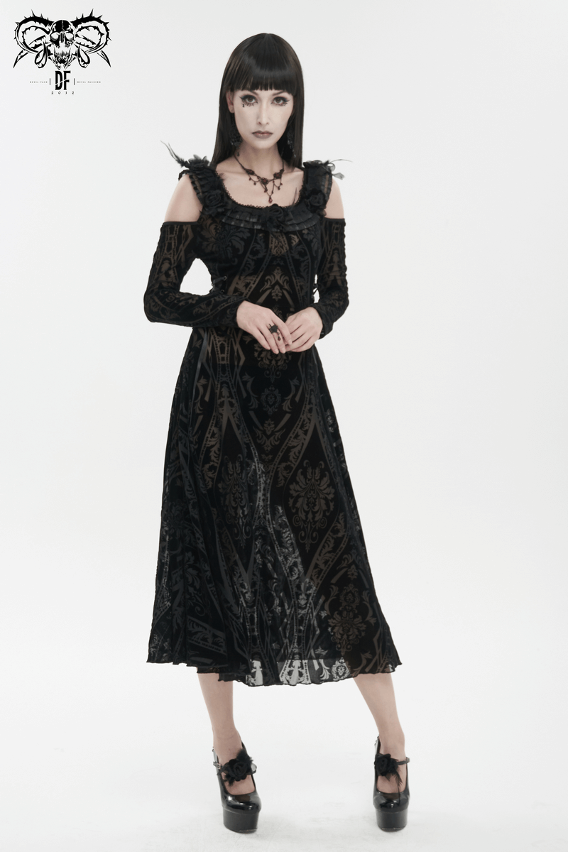 Gothic Off Shoulder Semi Transperent Dress / Women's Pattern Ruffled Dress