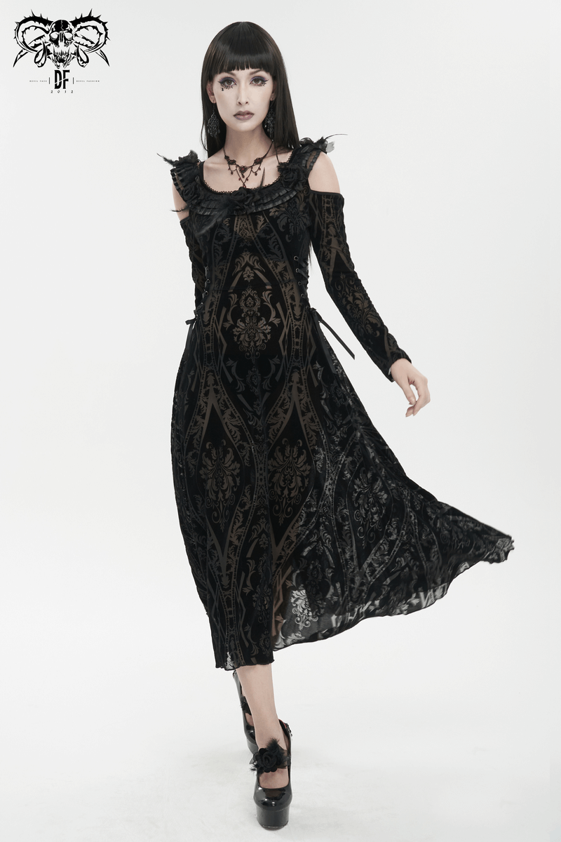 Gothic Off Shoulder Semi Transperent Dress / Women's Pattern Ruffled Dress