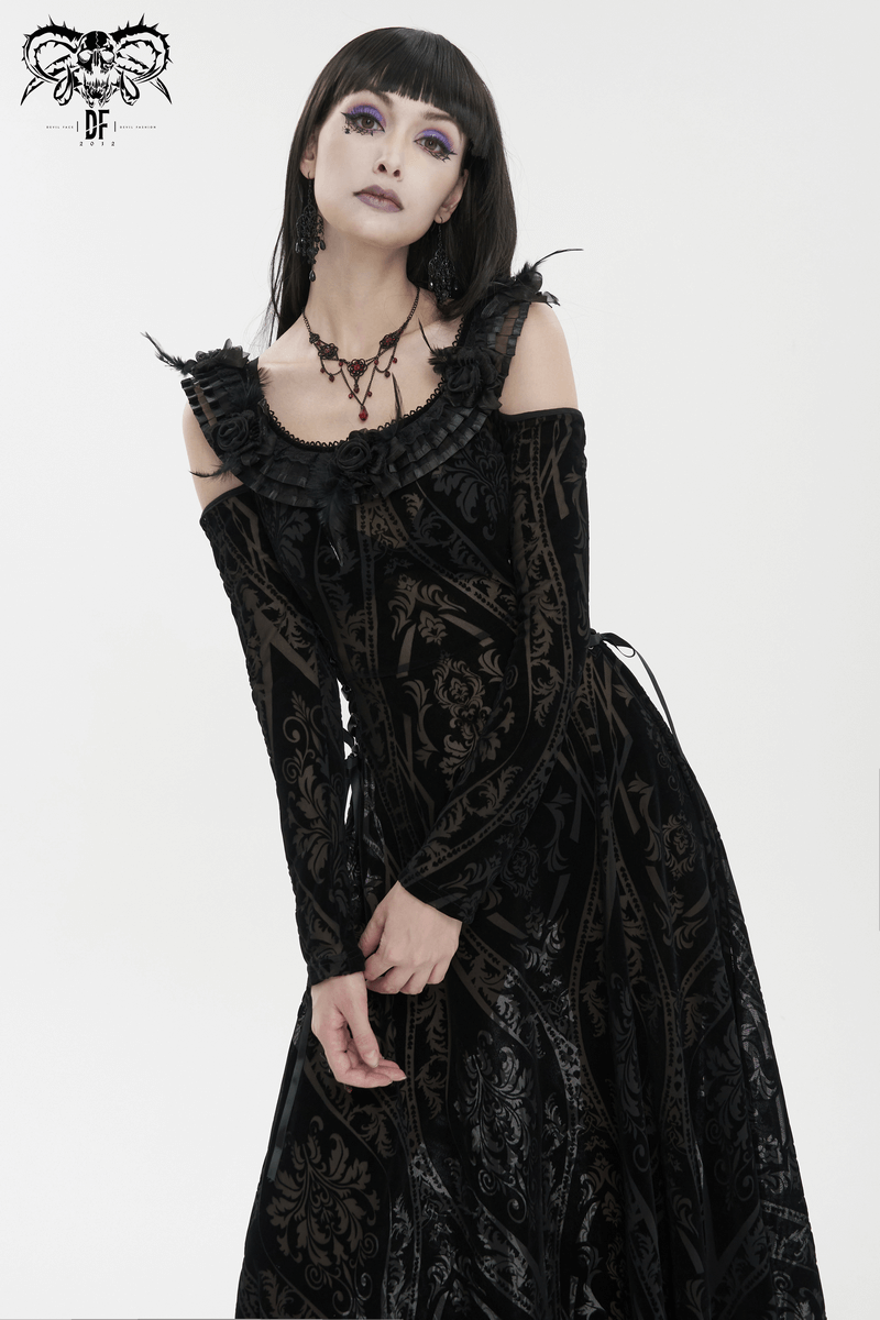Gothic Off Shoulder Semi Transperent Dress / Women's Pattern Ruffled Dress