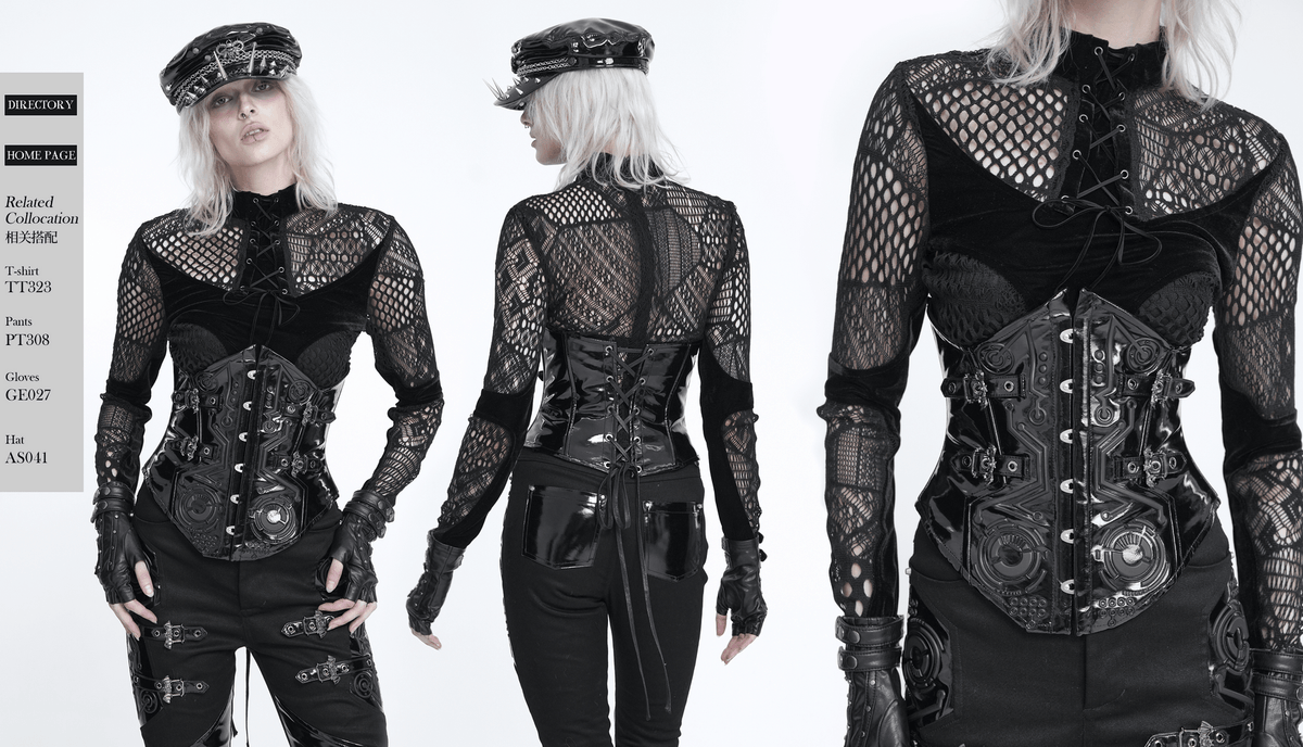 Gothic Patent Leather Corset Belt with Buckle Hardware