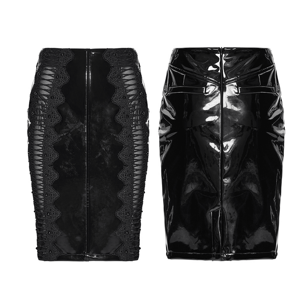 Gothic Patent Leather Skirt with Lace and Rivet Details