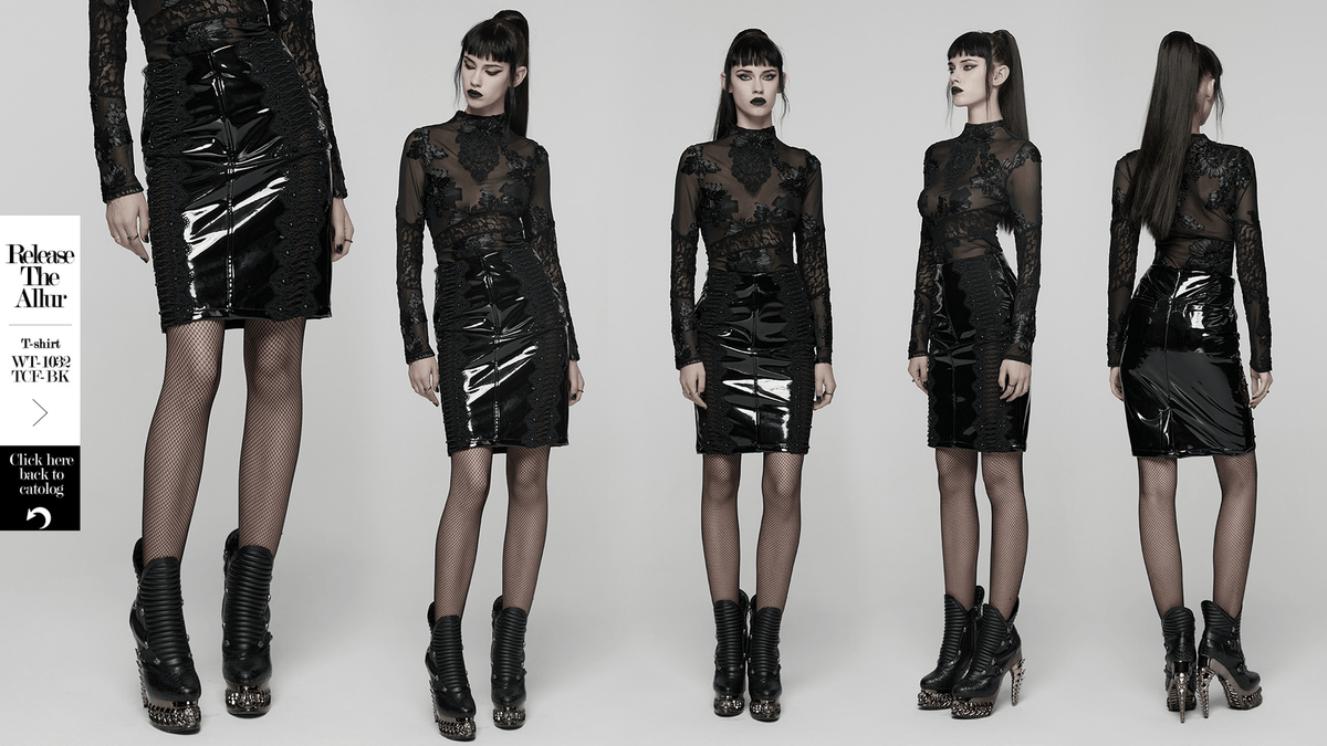 Gothic Patent Leather Skirt with Lace and Rivet Details