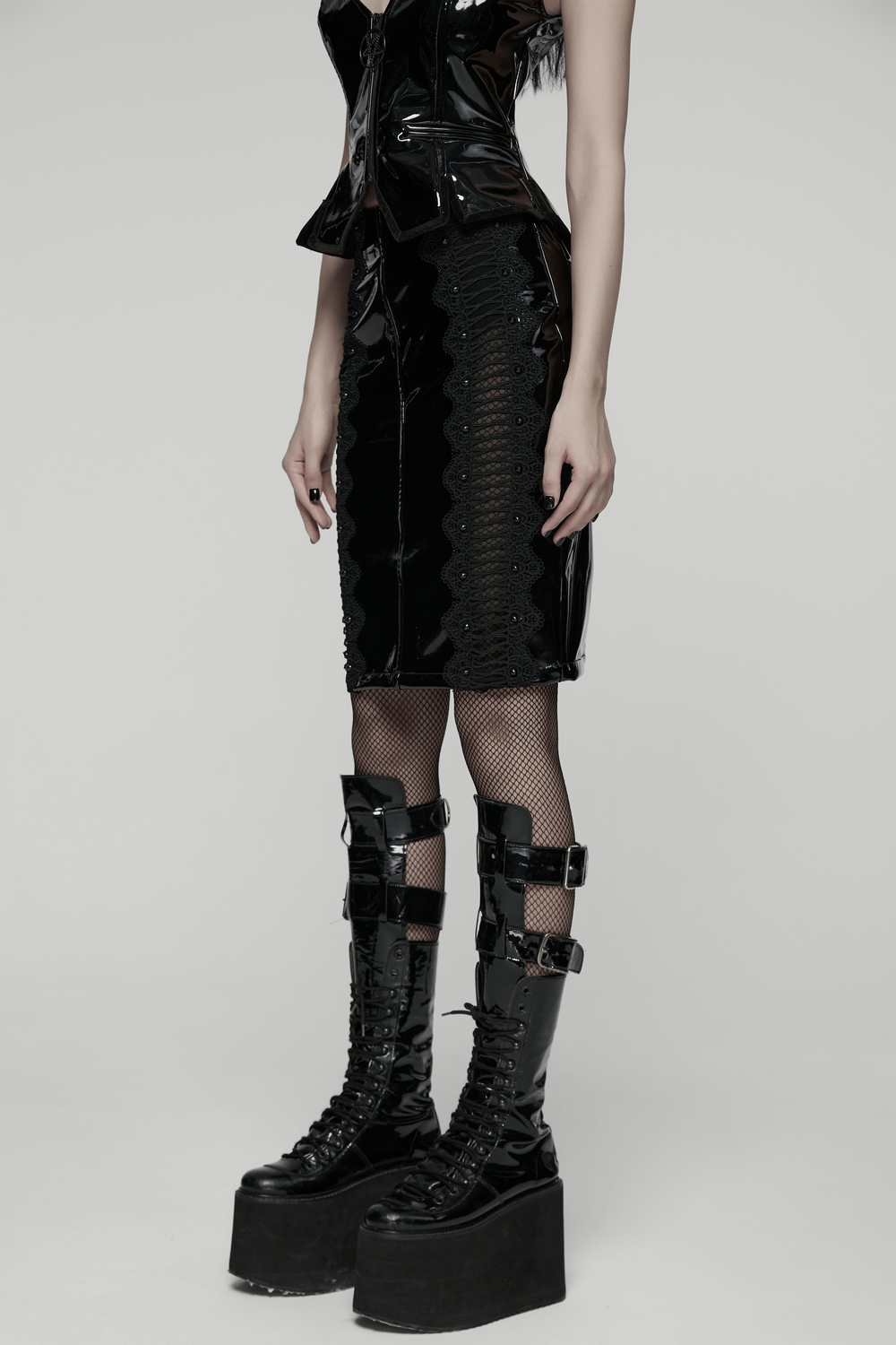 Gothic Patent Leather Skirt with Lace and Rivet Details