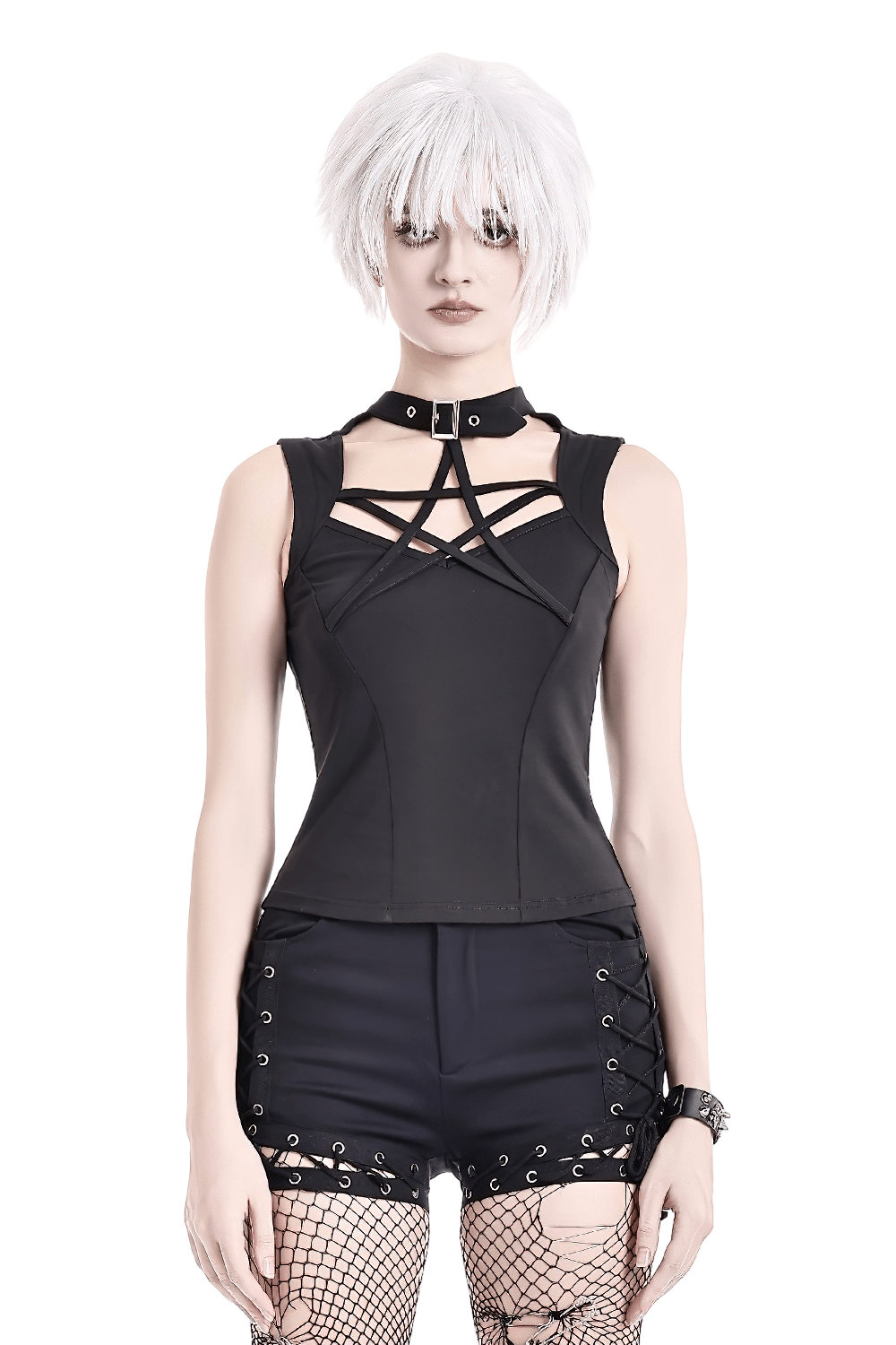 Gothic Pentagram Harness Black Sleeveless Top