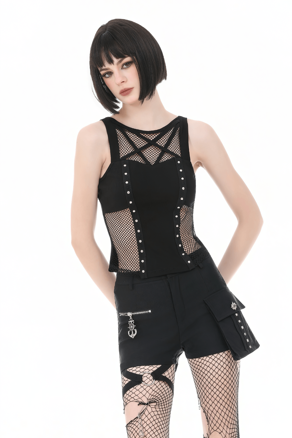Gothic Pentagram Mesh Tank Top with Studded Side Detail