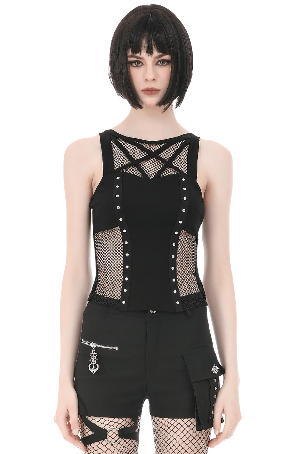Gothic Pentagram Mesh Tank Top with Studded Side Detail