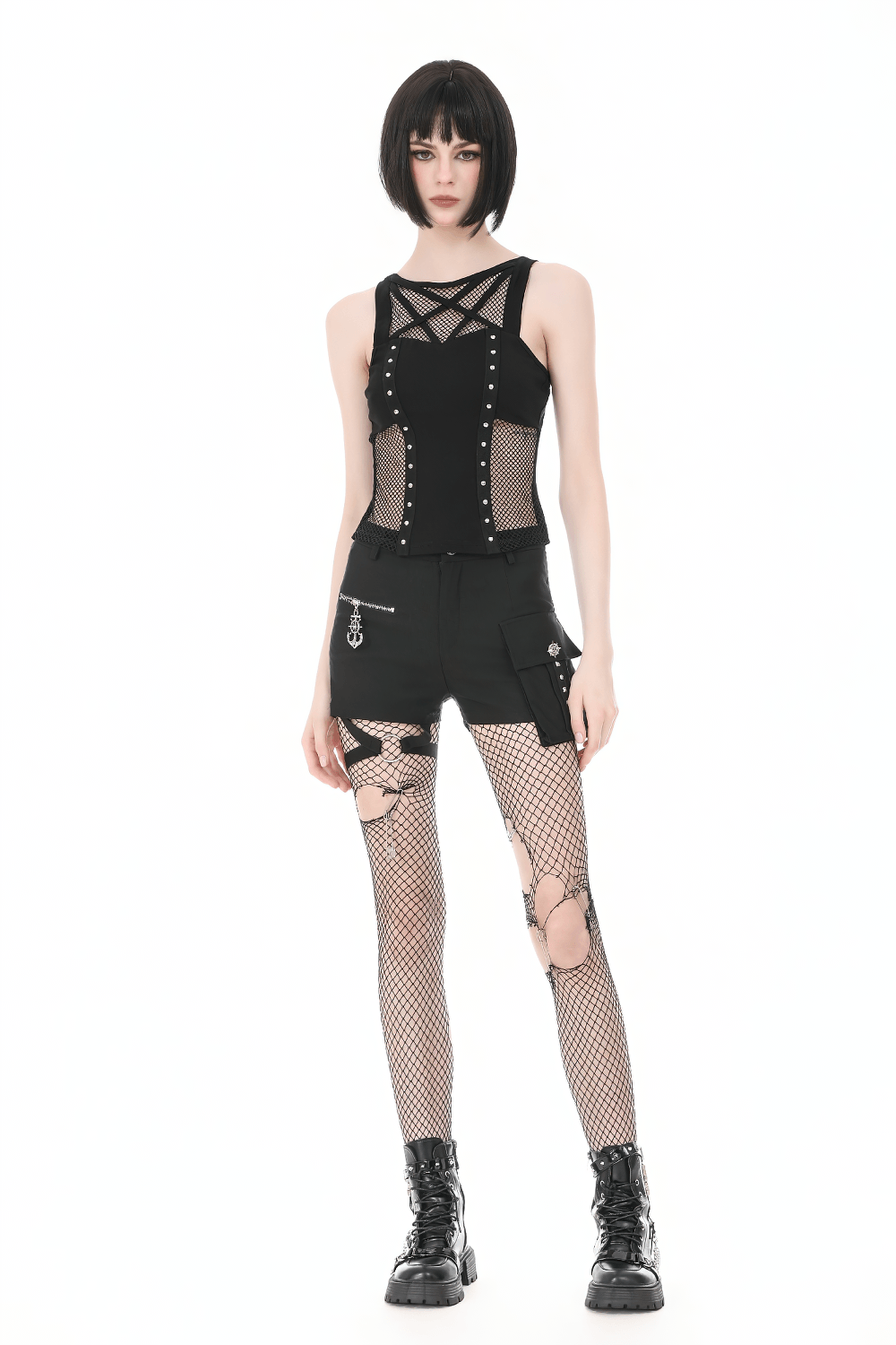 Gothic Pentagram Mesh Tank Top with Studded Side Detail