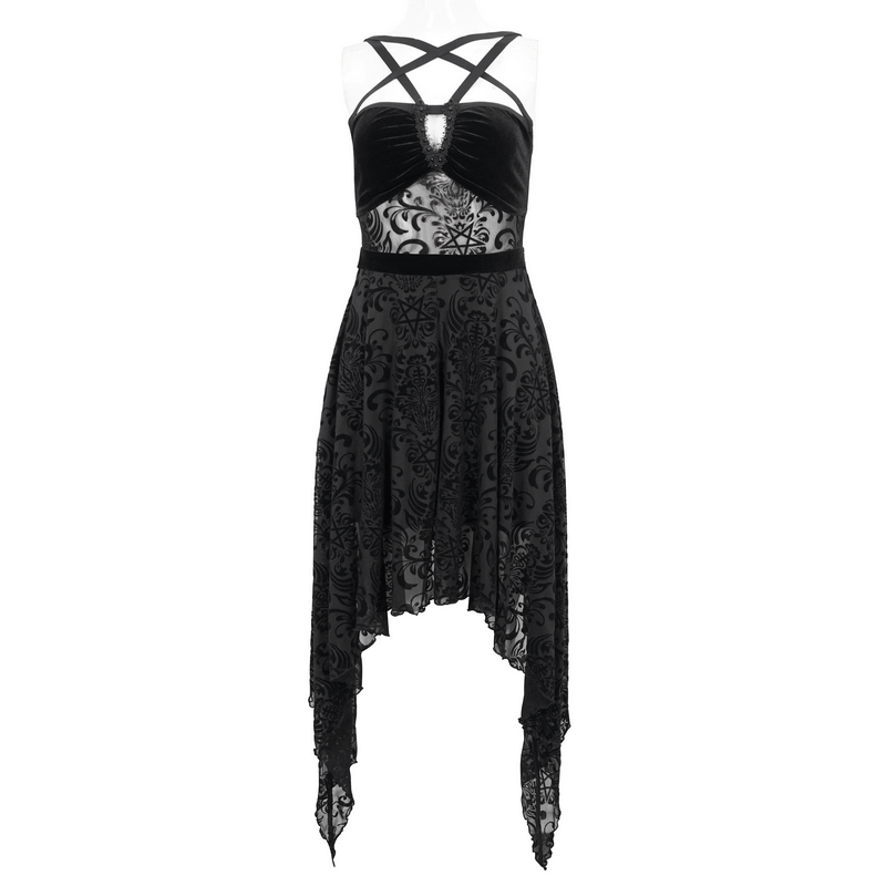Gothic Pentagram Strappy Irregular Dresses / Women's Vintage Backless Black Dress