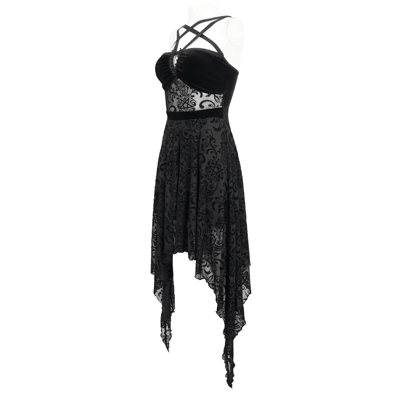Gothic Pentagram Strappy Irregular Dresses / Women's Vintage Backless Black Dress