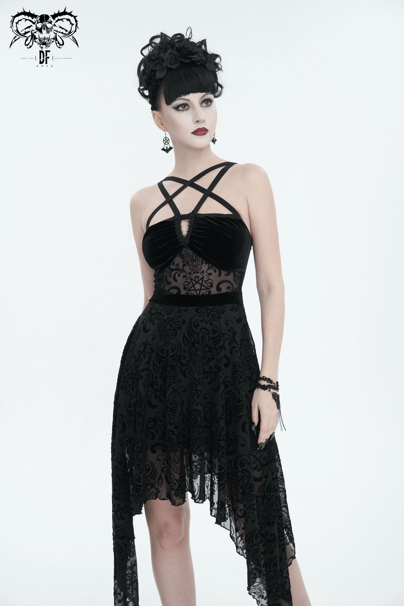 Gothic Pentagram Strappy Irregular Dresses / Women's Vintage Backless Black Dress