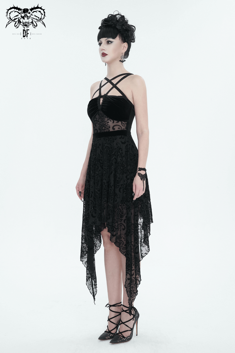 Gothic Pentagram Strappy Irregular Dresses / Women's Vintage Backless Black Dress