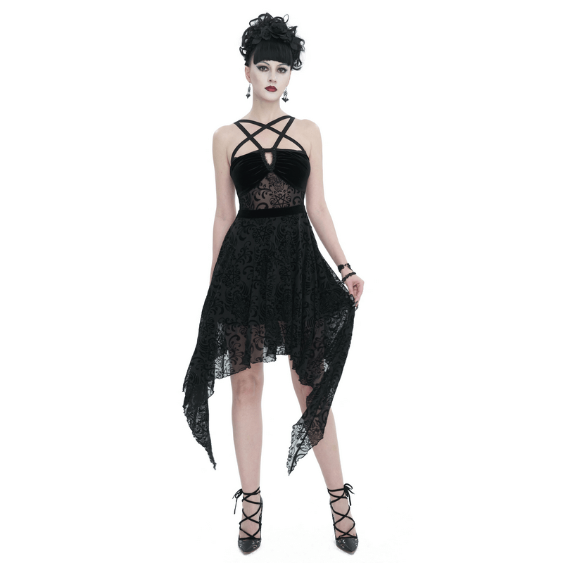 Gothic Pentagram Strappy Irregular Dresses / Women's Vintage Backless Black Dress