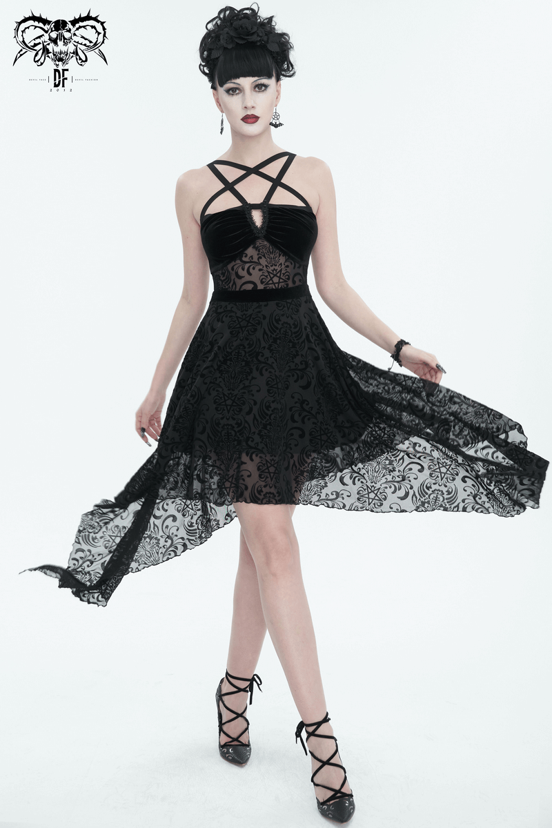 Gothic Pentagram Strappy Irregular Dresses / Women's Vintage Backless Black Dress