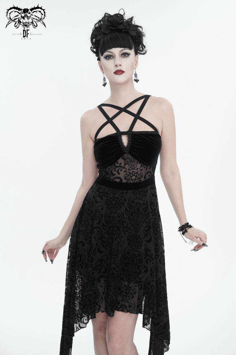 Gothic Pentagram Strappy Irregular Dresses / Women's Vintage Backless Black Dress