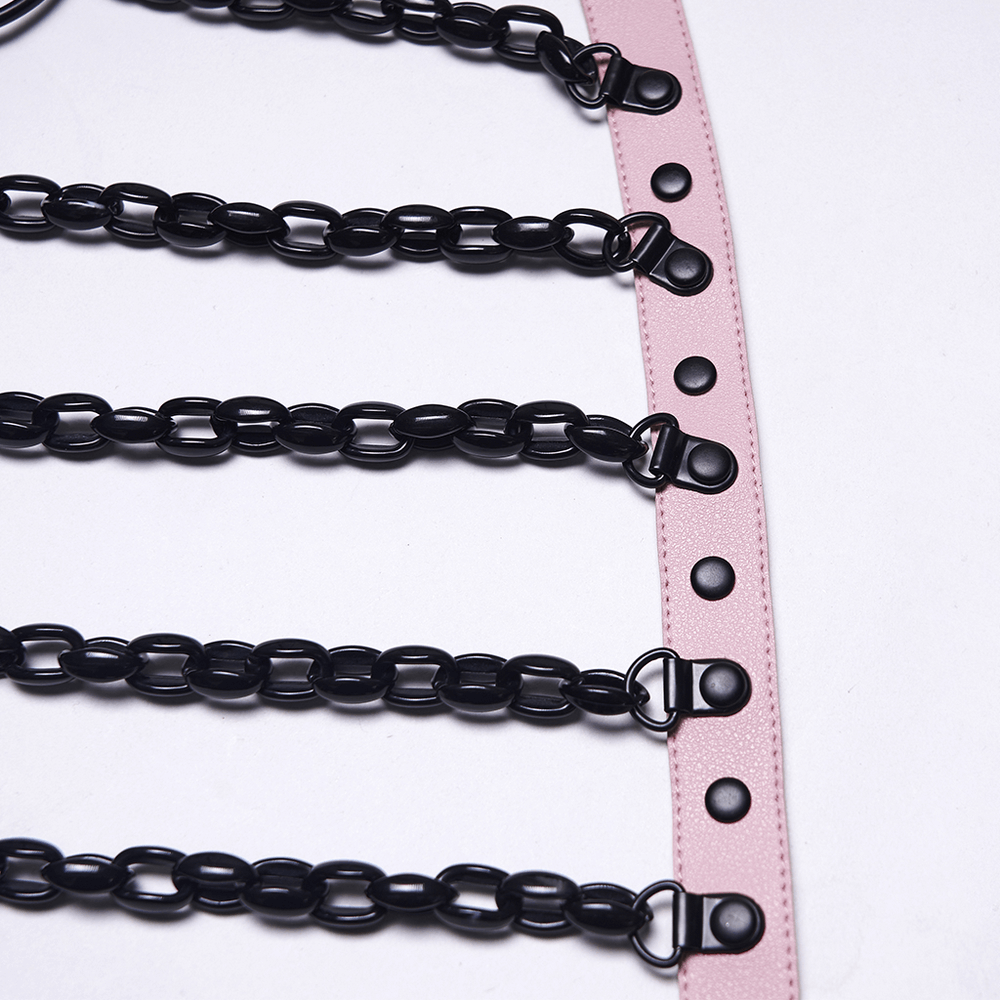 Gothic Pink Leather Harness with Skull and Chains