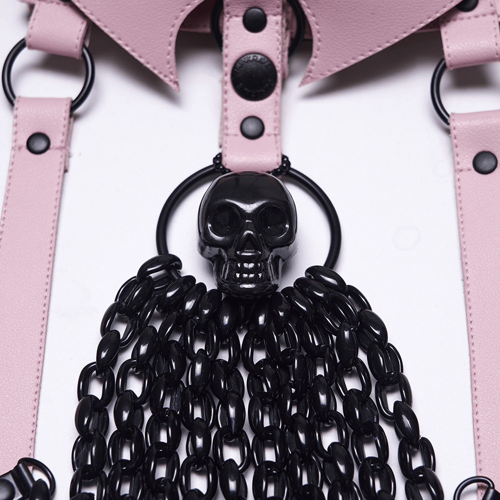 Gothic Pink Leather Harness with Skull and Chains