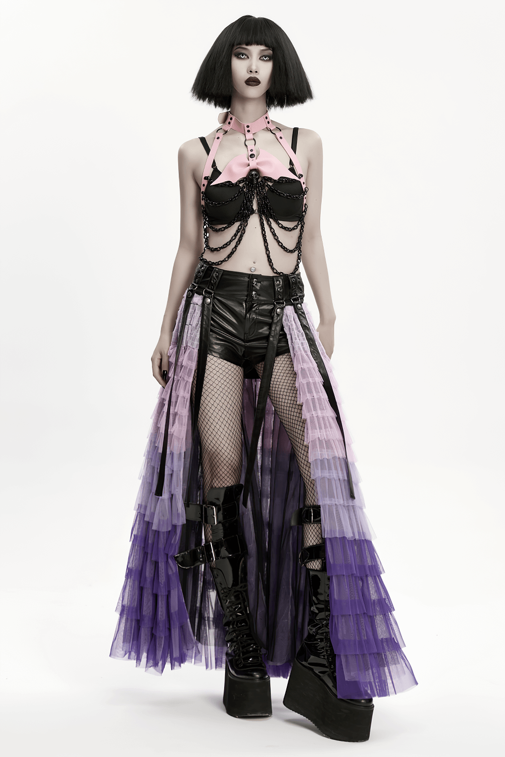Gothic Pink Leather Harness with Skull and Chains