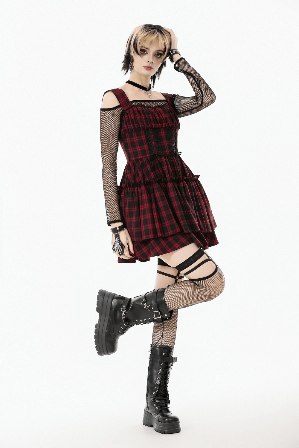 Gothic Plaid Dress with Lace-Up and Ruffled Skirt