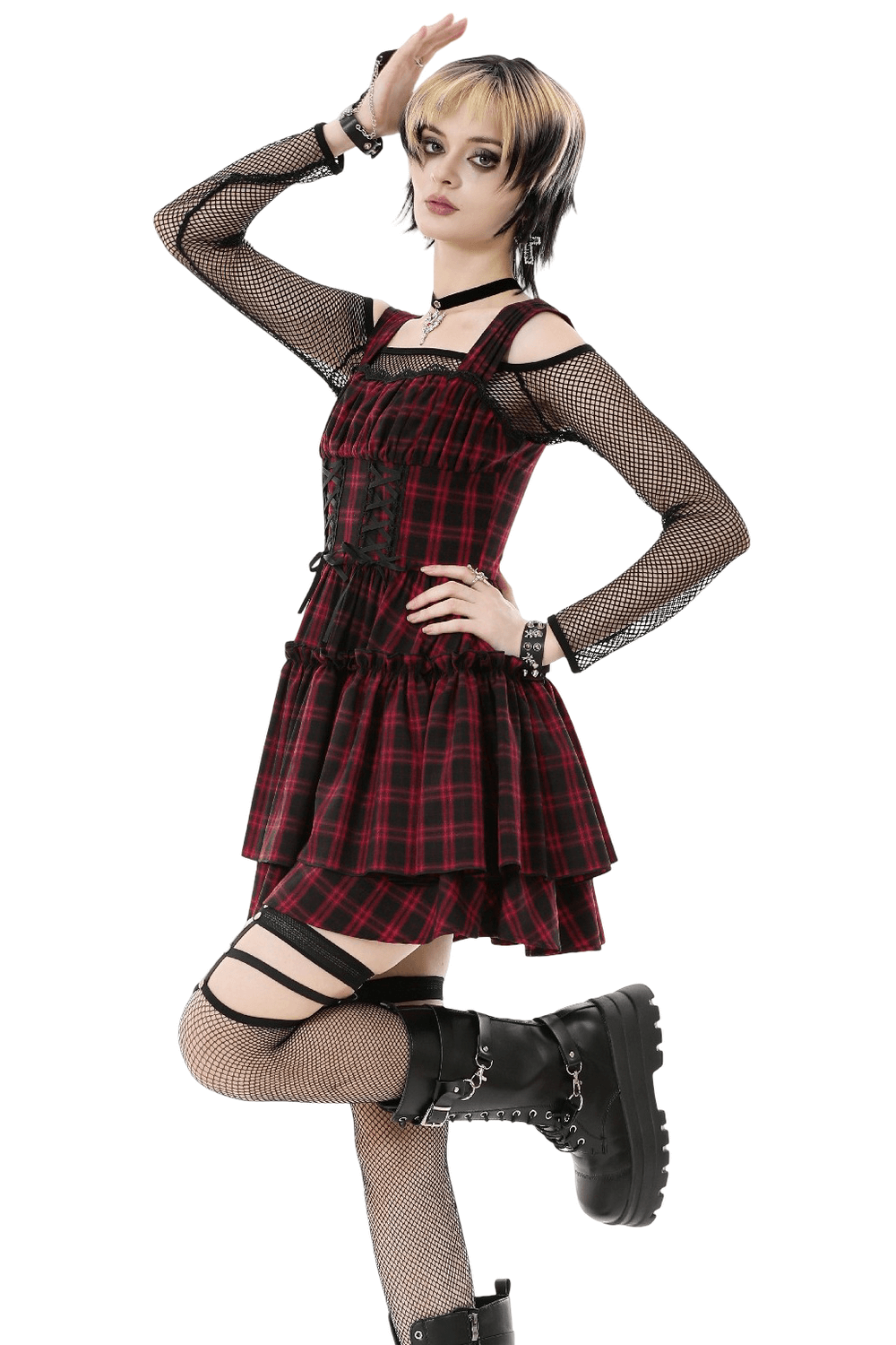 Gothic Plaid Dress with Lace-Up and Ruffled Skirt