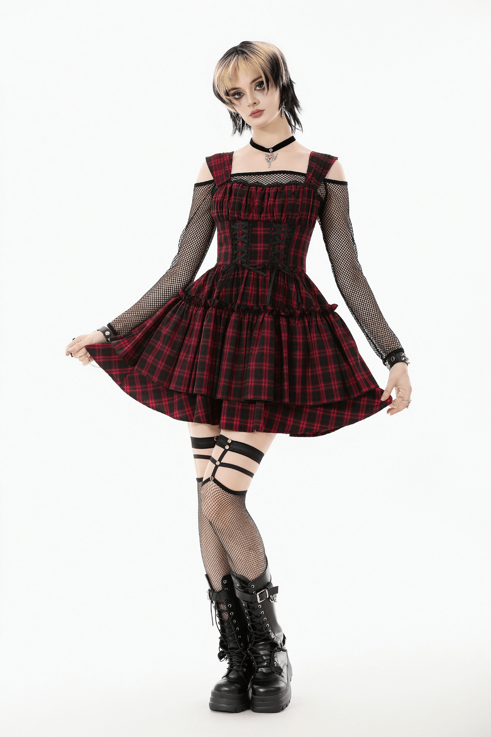 Gothic Plaid Dress with Lace-Up and Ruffled Skirt