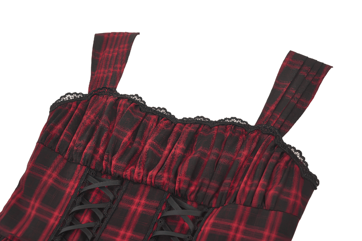 Gothic Plaid Dress with Lace-Up and Ruffled Skirt