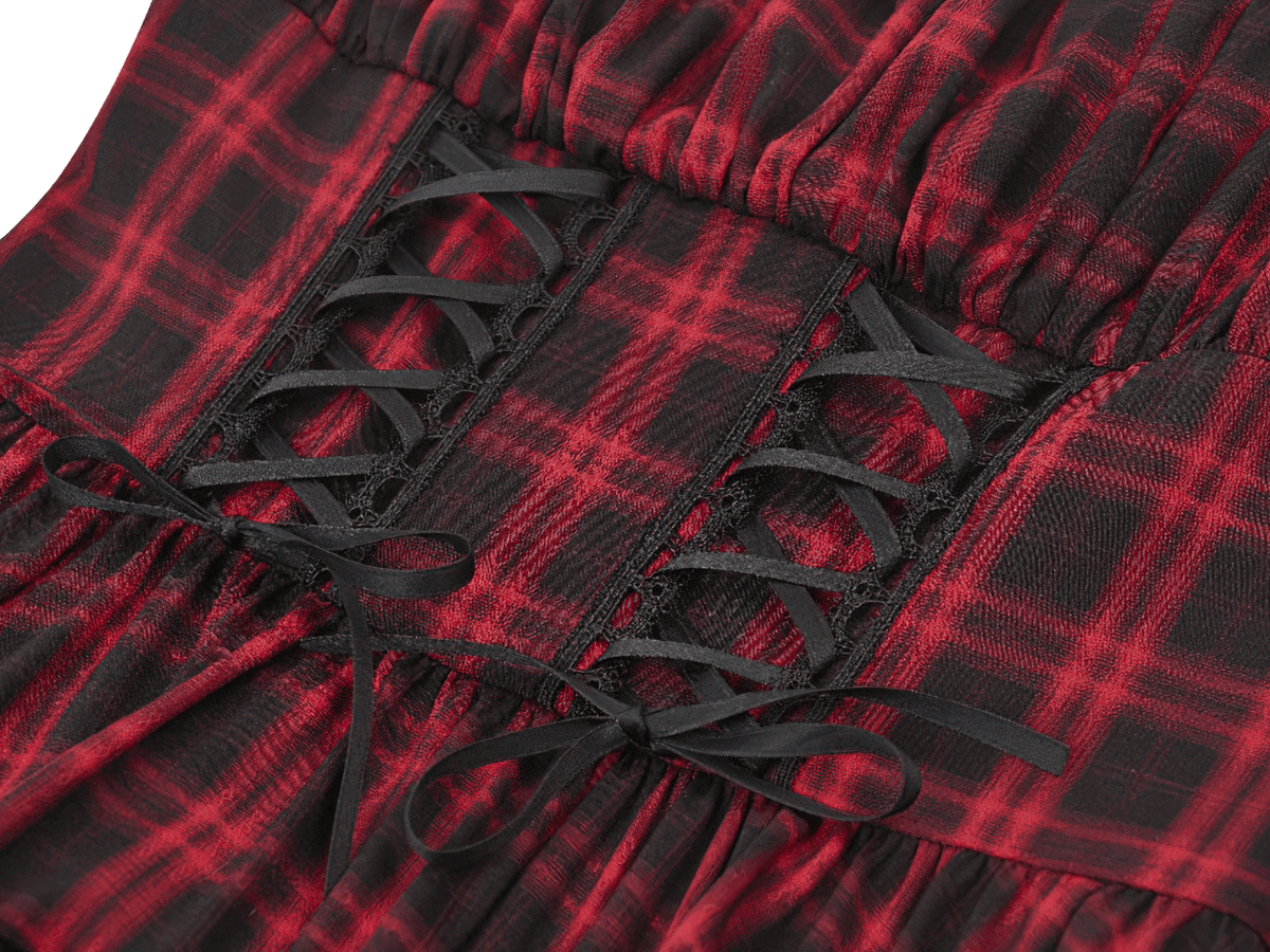 Gothic Plaid Dress with Lace-Up and Ruffled Skirt