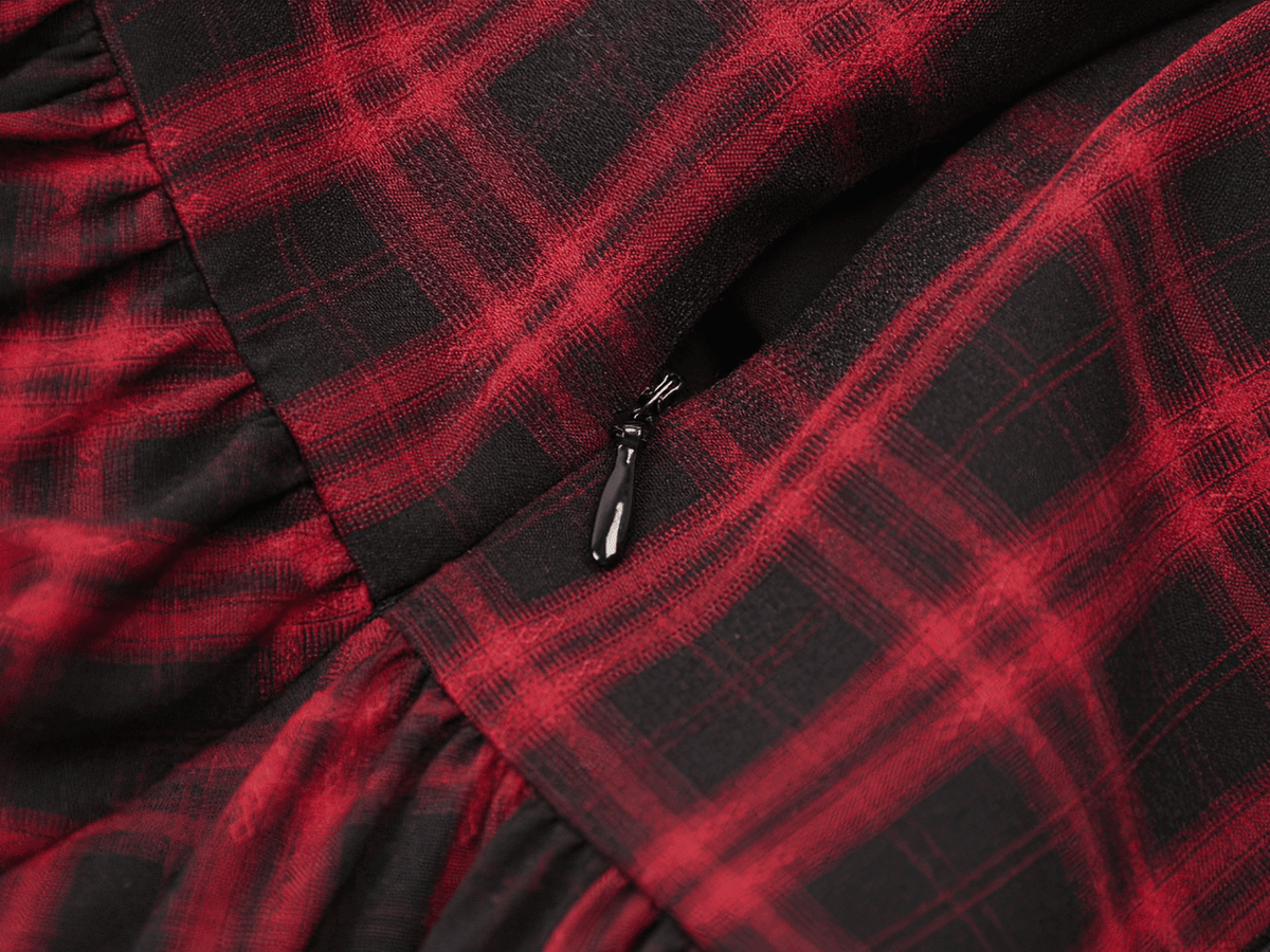 Gothic Plaid Dress with Lace-Up and Ruffled Skirt