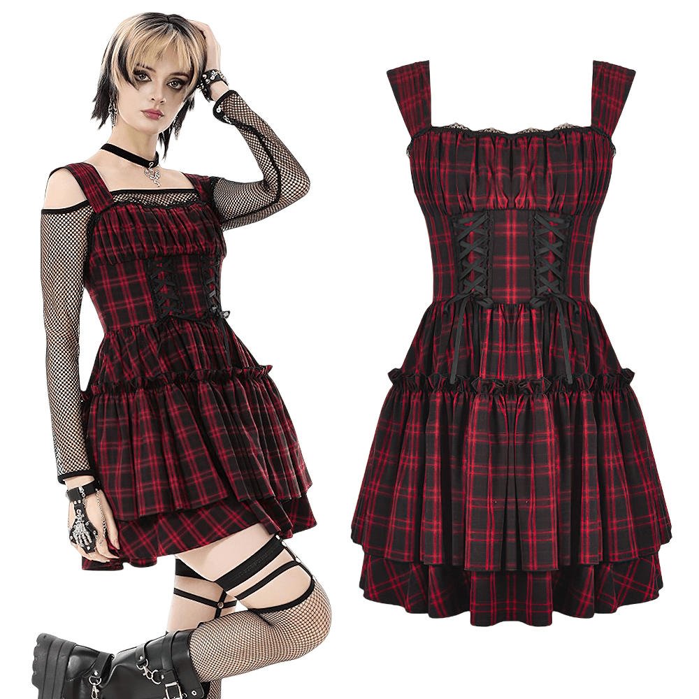 Gothic Plaid Dress with Lace-Up and Ruffled Skirt