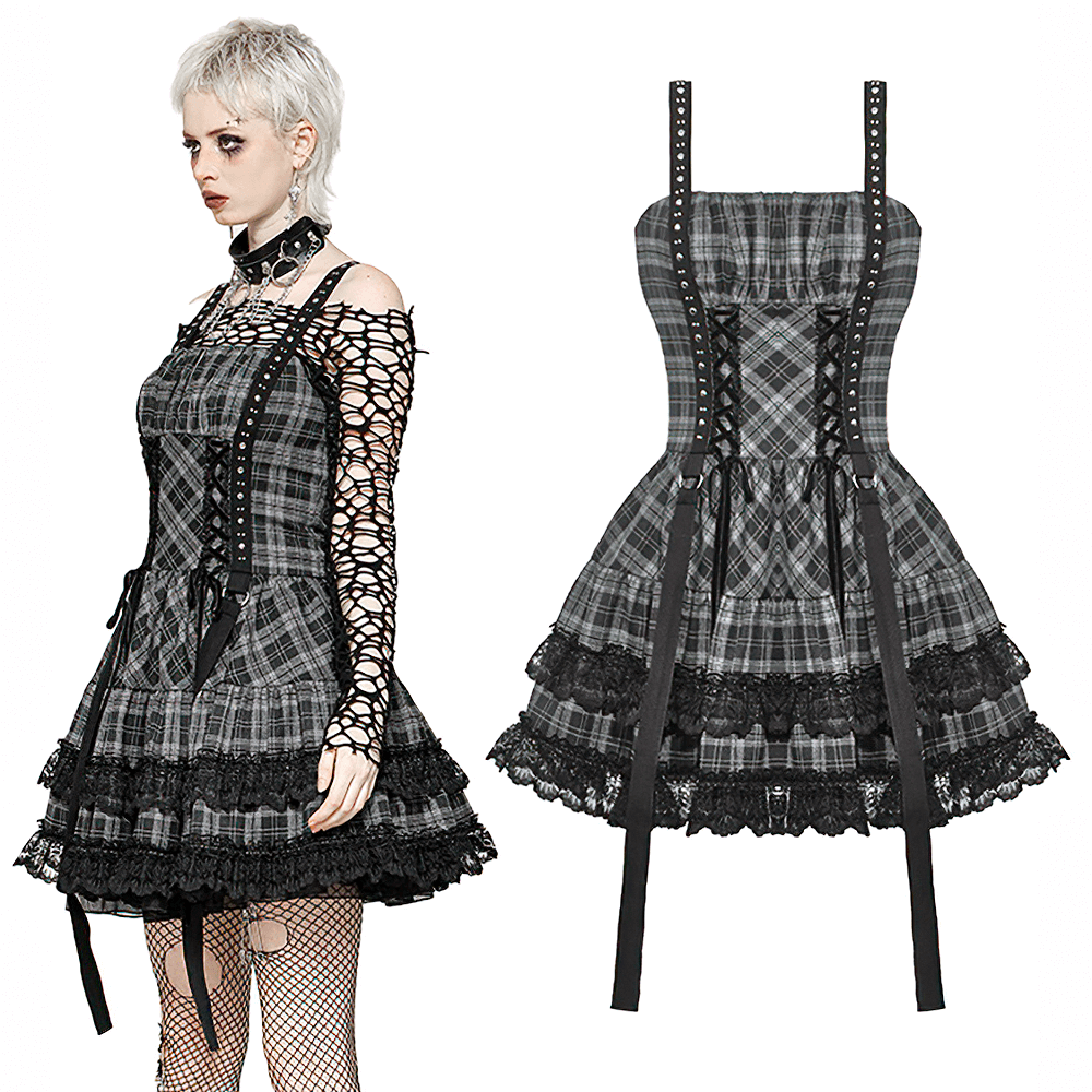 Gothic Plaid Mini Dress with Lace Trim and Harness Straps