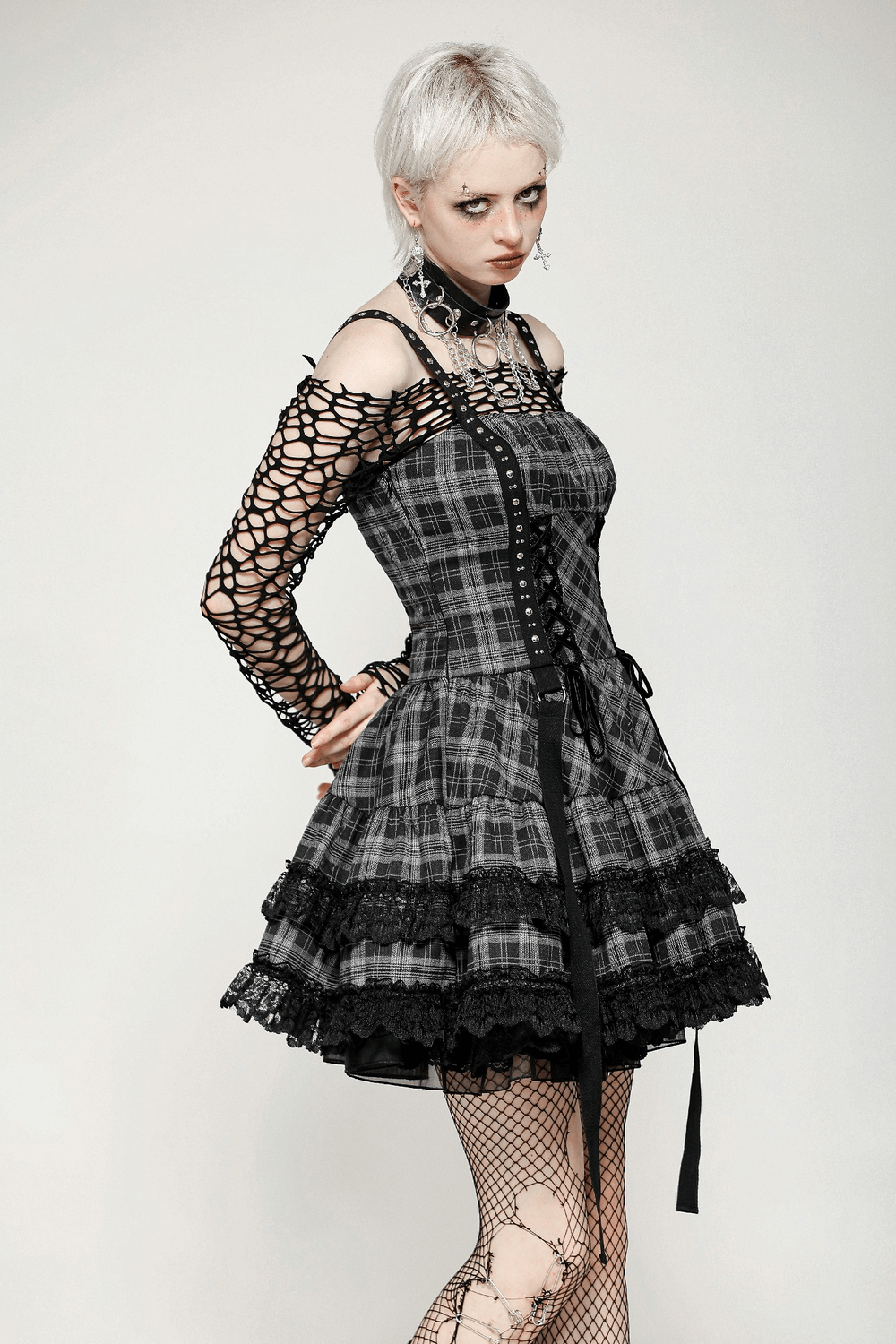 Gothic Plaid Mini Dress with Lace Trim and Harness Straps
