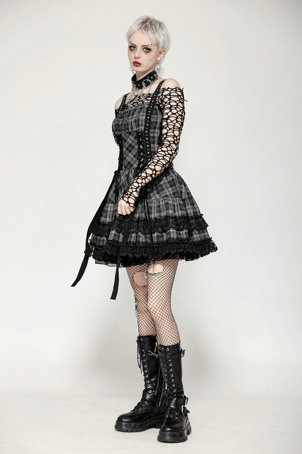 Gothic Plaid Mini Dress with Lace Trim and Harness Straps