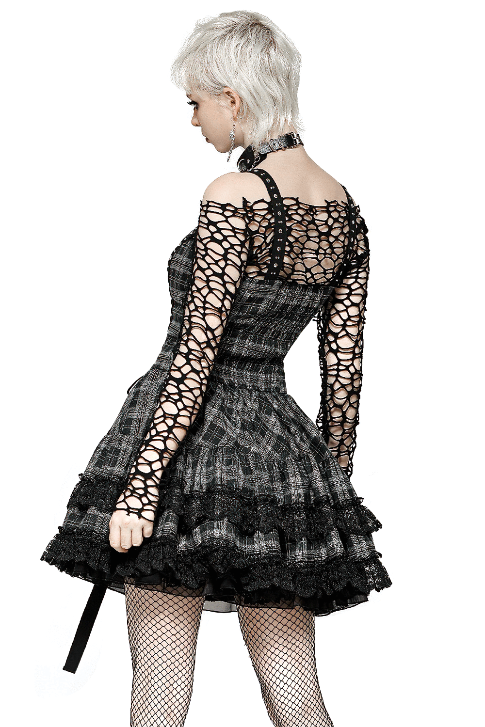 Gothic Plaid Mini Dress with Lace Trim and Harness Straps