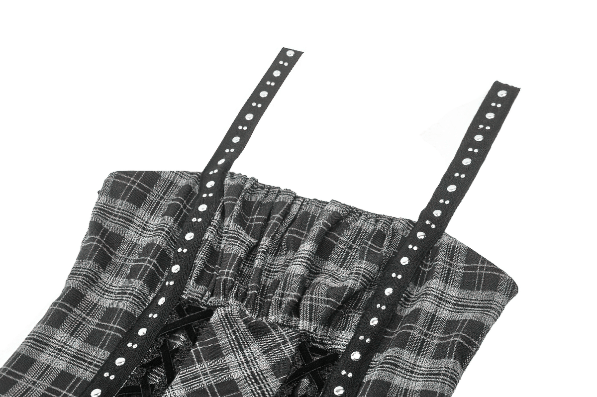 Gothic Plaid Mini Dress with Lace Trim and Harness Straps