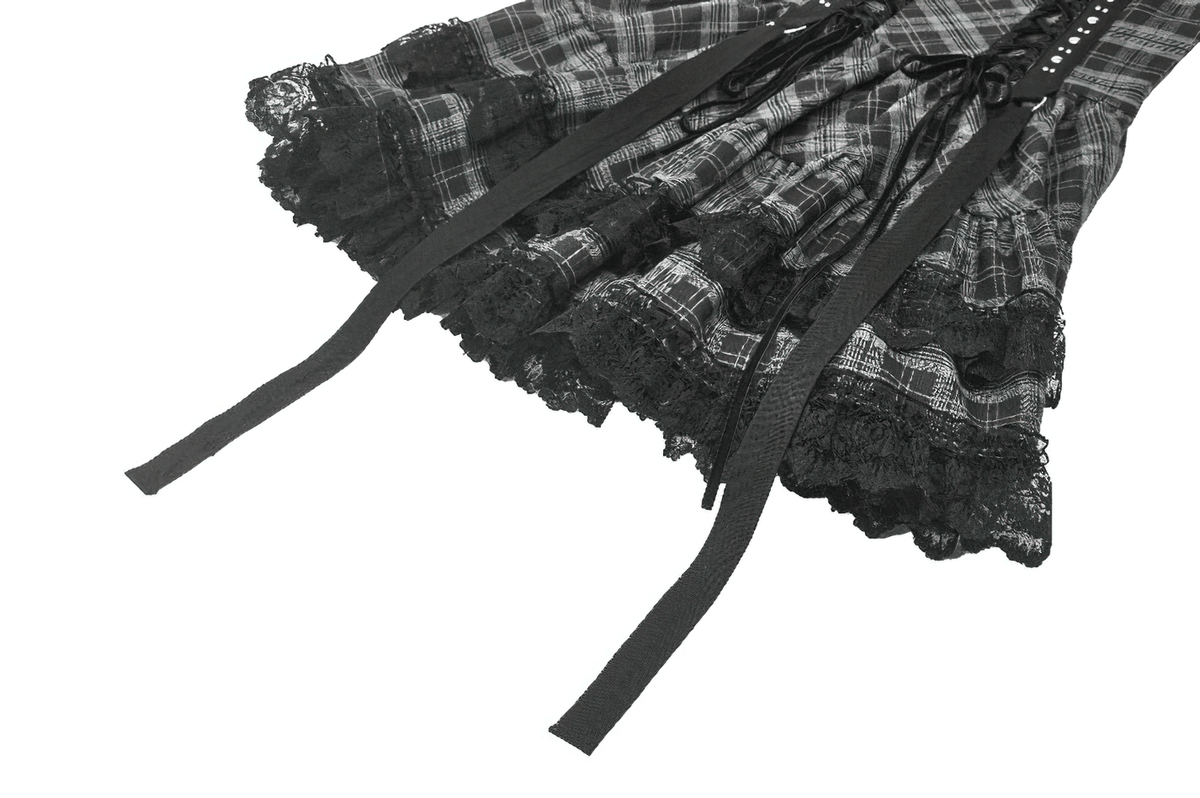 Gothic Plaid Mini Dress with Lace Trim and Harness Straps