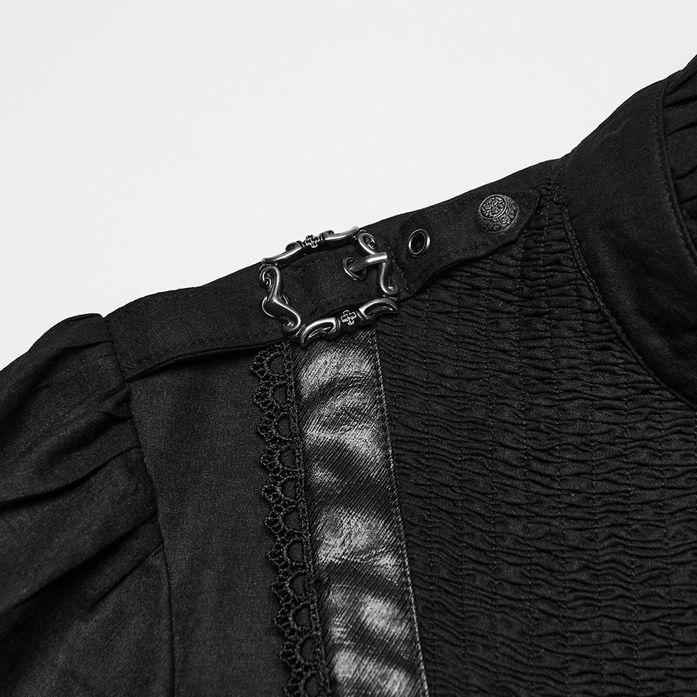 Gothic Pleated Black Shirt with Stand Collar and Buckles
